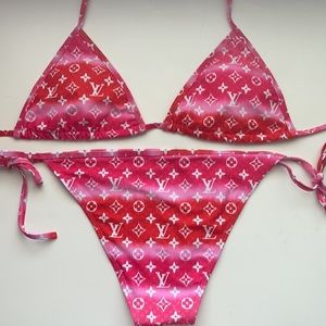 Louis Vuitton Monogram triangle halter size XL hot pink and red bikini